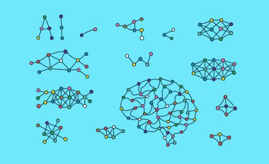 Sinir ağı şekilleri. Bilim konsepti için pleksus şekilleri. El yapımı bilim unsurları. Noktalar çizgilerle birleşti. Yapay beyin. Basit sinirsel ağlar. Vektör illüstrasyonu