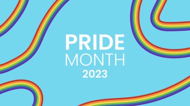 2023 LGBT onur ayı pankartı. LGBT bayrak renkleri. Mavi arka plan. Soyut gökkuşağı çizgileri veya kıvrımları. Vektör illüstrasyonu
