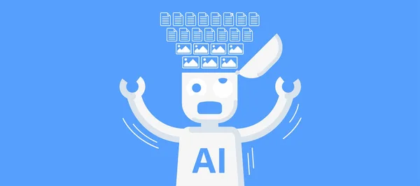 Zabawna Ilustracja Nauki Sztucznej Inteligencji Przesyłam Informacje Głowy Robotów Niezręcznie — Wektor stockowy