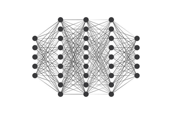 Модель нейронной сети на белом фоне. Искусственный интеллект, информатика. Векторная иллюстрация. Черно-белые цвета