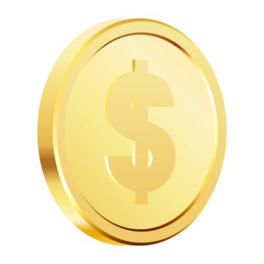 Dolar işaretli dönen altın sikkeler. Üç boyutlu bozuk paralar. Altın para. Kumar oyunları ve büyük ikramiye illüstrasyonları için başvurulabilir. Vektör illüstrasyonu.