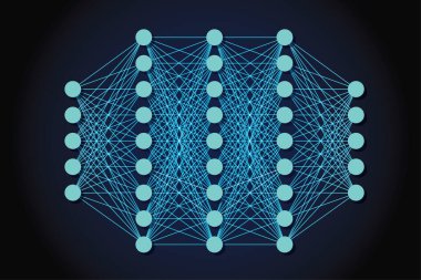Koyu arkaplanda sinirsel ağ modeli. Yapay zeka, veri bilimi. Vektör illüstrasyonu