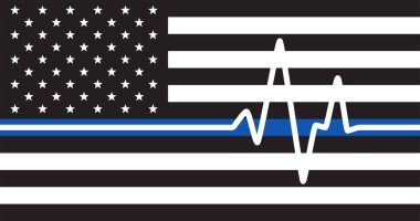 Mavi çizgili ve kalp atışı sembollü siyah beyaz Amerikan bayrağı. Amerikan acil servis bayrağı. Acil yardım haftası kutlaması. Vatanseverlik sembolü. ABD. Vektör illüstrasyonu