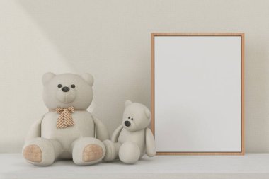 Çerçeve modeli. Yatay çerçeve ve ayı oyuncakları. Çocuk dekoru. Minimalist İskandinav iç mimarisi. 3d oluşturma