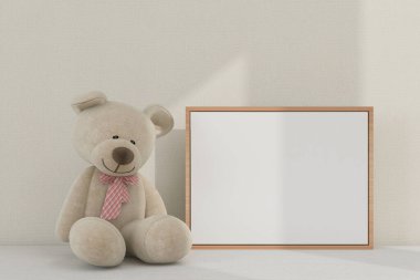 Çerçeve modeli. Yatay çerçeve ve ayı oyuncakları. Çocuk dekoru. Minimalist İskandinav iç mimarisi. 3d oluşturma