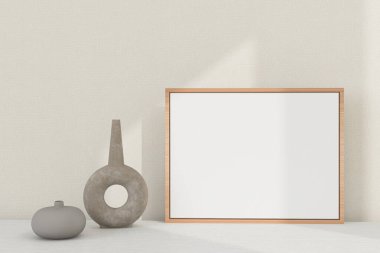 Çerçeve modeli. Yatay çerçeve ve masa dekoru. Minimalist İskandinav iç mimarisi. 3d oluşturma
