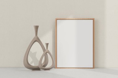Çerçeve modeli. Dikey çerçeve ve masa dekoru. Minimalist İskandinav iç mimarisi. 3d oluşturma