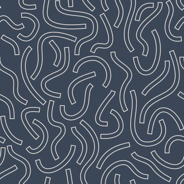 Beyaz çizgili çizgiler koyu arkaplanda izole edilmiş. Taslak Karalamalar. Tek renkli geometrik dikişsiz desen.