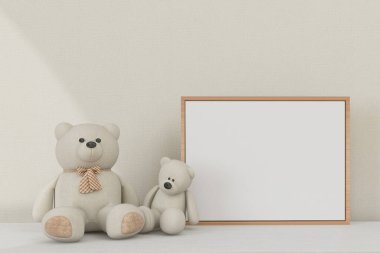 Çerçeve modeli. Yatay çerçeve ve ayı oyuncakları. Çocuk dekoru. Minimalist İskandinav iç mimarisi. 3d oluşturma