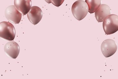 Parti afişi. Pembe renkli balonlar. Parti balonları. 3D görüntüleme. Doğum günü tatili tasarımı için uygulanabilir.