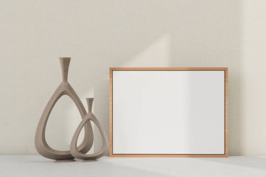 Çerçeve modeli. Yatay çerçeve ve masa dekoru. Minimalist İskandinav iç mimarisi. 3d oluşturma