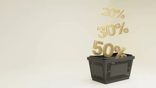 Plastic black shopping basket. Sales are falling in the basket. 30 50 and 70 percent sale. Black store basket. Store sale banner with copy space. 3d rendering.