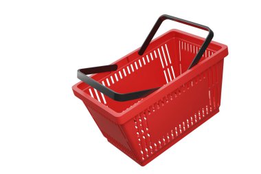 Plastik alışveriş sepeti. Boş sepete asılmış bir şekilde. Uçan süpermarket alışveriş arabası. 3d oluşturma.