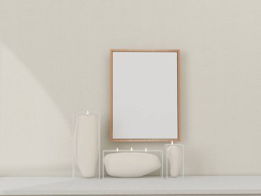 Çerçeve modeli. Mum üzerinde dikey çerçeve. Minimalist İskandinav iç mimarisi. 3d oluşturma