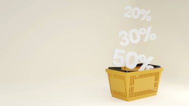 Plastik sarı alışveriş sepeti. Satışlar sepete düşüyor. Yüzde 30 50 ve 70 indirimli. Sarı market sepeti. Fotokopi alanı olan bir mağaza ilanı. 3d oluşturma.