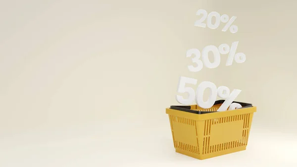 Plastic yellow shopping basket. Sales are falling in the basket. 30 50 and 70 percent sale. Yellow store basket. Store sale banner with copy space. 3d rendering.