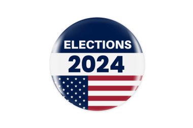 Biz Amerikan bayrağında 2024 seçimleri ping ya da rozet gerçekçi yuvarlak. ABD, ABD, Amerika seçimleri, oy işareti. 2024 başkanlık seçimi. Sorumlu oylama rozeti ya da rozeti. Vektör illüstrasyonu