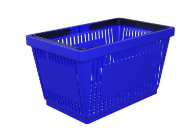 Plastik alışveriş sepeti. Mavi market boş sepeti. Süpermarket alışveriş arabası. 3d oluşturma.