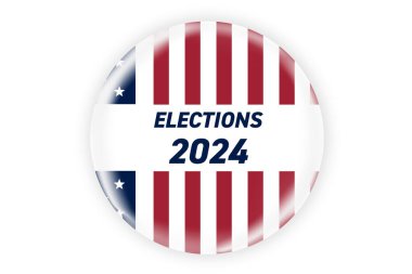 Biz Amerikan bayrağında 2024 seçimleri ping ya da rozet gerçekçi yuvarlak. ABD, ABD, Amerika seçimleri, oy işareti. 2024 başkanlık seçimi. Sorumlu oylama rozeti ya da rozeti. Vektör illüstrasyonu