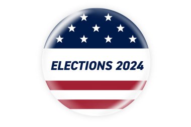 Biz Amerikan bayrağında 2024 seçimleri ping ya da rozet gerçekçi yuvarlak. ABD, ABD, Amerika seçimleri, oy işareti. 2024 başkanlık seçimi. Sorumlu oylama rozeti ya da rozeti. Vektör illüstrasyonu