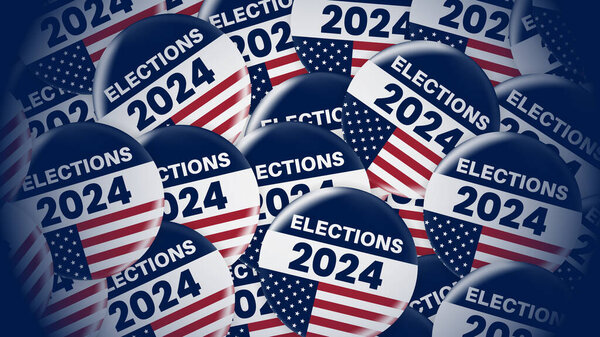 Знамя американских президентских выборов. Реалистичный круг Проголосуйте наклейку или значок с нами американский флаг. США, США, американские выборы, голосование. Промежуточные выборы 2022 года. Ответственный значок или значок.