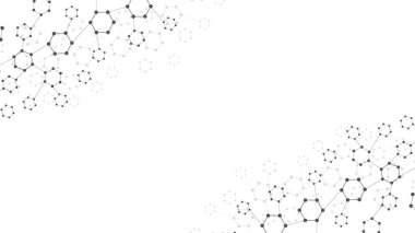 Kopya alanı olan soyut teknoloji arka planı. Bağlı altıgenler. Köşelerde soyut şekiller. Minimalist siyah beyaz zemin. Vektör illüstrasyonu