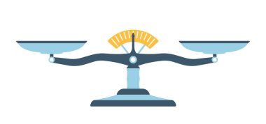 Ölçek sembolü. Denge işareti. İzole edilmiş arka plan. Bir takım nesneler. Vektör illüstrasyonu