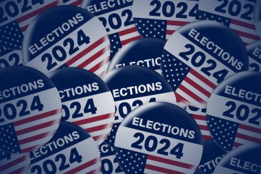 American presidential elections banner. Realistic circle Vote sticker or badge with us american flag. US, USA, american election, voting sign. 2024 presidential elections. Responsible voting badge clipart