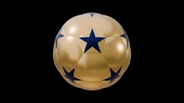 蓝色星星的金足球 足球奖杯的象征 旋转的足球 足球的象征循环动画 3D渲染 — 图库视频影像