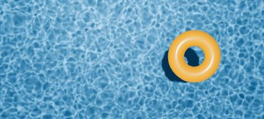 Yellow swimming ring in the empty clear pool. Fresh clear water. Summer holidays banner. Swimming pool top view. 3d render.
