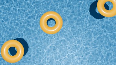 Three yellow swimming rings in the empty clear pool. Fresh clear water. Summer holidays banner. Swimming pool top view. 3d render.