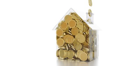 Real estate mortgage concept. The House is filled with coins. Real estate investment concept. Housing loan illustration. Savings for housing. Expenses for communal services. 3d rendering.