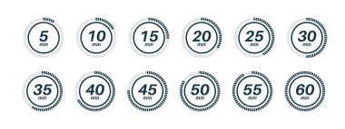 Set of timer icons, clock symbols, stopwatch signs. Cooking time icons. Five, ten, twenty, thirty, forty, fifty minutes interval. Time interval. Vector illustration.