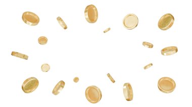 Altın sikkeler patladı. Kumar oyunu, kumarhane 3D altın para. Turnayı gözünden vurduk. Uçan paralar, ya da uçan paralar. Para girdabı. Üç boyutlu gerçekçi madeni paralar. Vektör