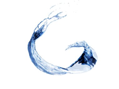 İzole edilmiş arka planda çarpık su sıçraması. Suyun sıçraması spiral şeklinde akar. Taze içecek serpintisi. 3d oluşturma