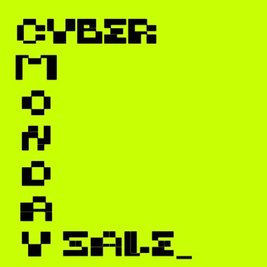 Bilgisayar oyunu tarzında siber pazartesi pankartı. Asit renkli arka planda arcade tipografisi. Fotokopi alanı olan satış afişi.