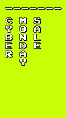 Bilgisayar oyunu tarzında siber pazartesi pankartı. Asit renkli arka planda arcade tipografisi. Fotokopi alanı olan satış afişi.