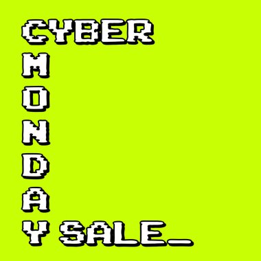 Bilgisayar oyunu tarzında siber pazartesi pankartı. Asit renkli arka planda arcade tipografisi. Fotokopi alanı olan satış afişi.