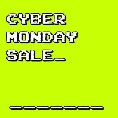 Bilgisayar oyunu tarzında siber pazartesi pankartı. Asit renkli arka planda arcade tipografisi. Fotokopi alanı olan satış afişi.