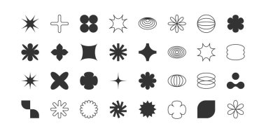 Acımasız vektör şekilleri. Postmodern geometrik soyut şekiller, Y2K içinde Retro tasarım sembolleri, Y2K tarzında modaya uygun retro tasarım sembolleri. Geometrik şekiller ayarlandı.