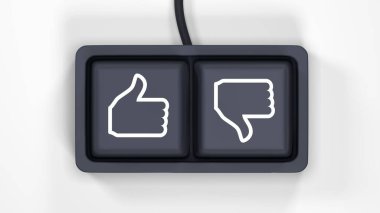 İki düğmesi olan bir bilgisayar klavyesinin yakın çekimi: beğen ve beğenme. Bu anahtarlar sosyal medya bağlantısını, kullanıcı geribildirimini, görüşleri, çevrimiçi etkileşimleri, onaylanmayı veya onaylamamayı simgeliyor.