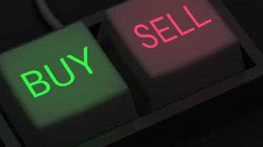 Ticaret konsepti. İki düğmeli klavye, al ve sat. Değiş tokuş ya da üç boyutlu resimleme. 3d oluşturma