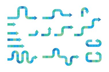 Bilgi grafikleri için yapboz oku. Yönlendirme konsepti. Dön, dön, düz git, yılan hareketi..