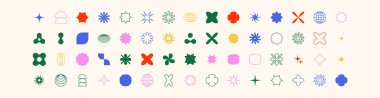 Postmodern geometrik soyut şekiller, Y2K içinde Retro tasarım sembolleri. Acımasız vektör şekilleri, Y2K tarzında modaya uygun retro tasarım sembolleri. Geometrik şekiller ayarlandı.