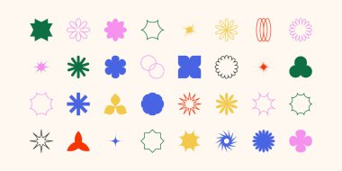 Postmodern geometrik soyut şekiller, Y2K içinde Retro tasarım sembolleri. Acımasız vektör şekilleri, Y2K tarzında modaya uygun retro tasarım sembolleri. Geometrik şekiller ayarlandı.