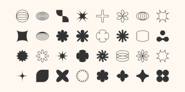 Postmodern geometrik soyut şekiller, Y2K içinde Retro tasarım sembolleri. Acımasız vektör şekilleri, Y2K tarzında modaya uygun retro tasarım sembolleri. Geometrik şekiller ayarlandı.