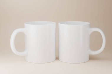 140 gram kahve kupası şablonu. İki beyaz seramik bardak modeli. 3d oluşturma.