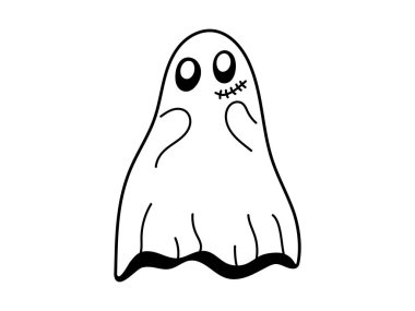 Şirin, korkmuş hayalet karakter. Cadılar Bayramı karakteri. Siyah gözlü beyaz bir hayalet, sevimli ürkütücü bir hayalet. İzole edilmiş arka plan. Vektör illüstrasyonu