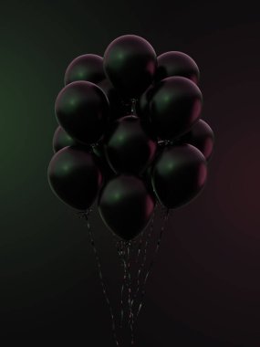 Altın kurdeleli parti balonları. Siyah arka planda siyah balonlar var. 3D görüntüleme. Kara Cuma tasarımı için uygulanabilir.