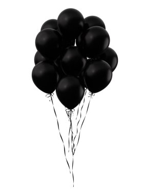 Siyah kurdeleli parti balonları. Siyah balonlar. 3D görüntüleme. Kara Cuma tasarımı için uygulanabilir.
